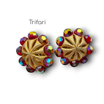 Vintage 1960s TRIFARI Signed Gold Tone Red Aurora Borealis Crystal Clip Earrings- Art.682/7