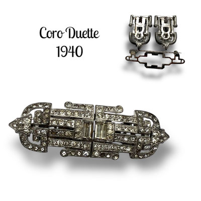 Coro Patented Deco Rhinestone Duette Dress Clips Brooch Pin - full of flashes on silver finish for a lovely collector's jewels - art.485/7