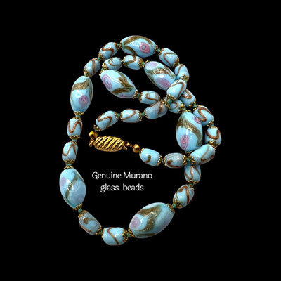 Vintage Venetian Glass ornate Fiorato with Aventurine Baby Blue Bead Necklace -romantic style w/nice clasp-art.554/7