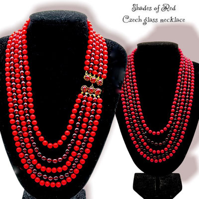 Multi Strand Poppy Red beaded necklace-transparencies glass beads & full red color w/adorable old clasp -5 strands vtg necklace -Art.484/6