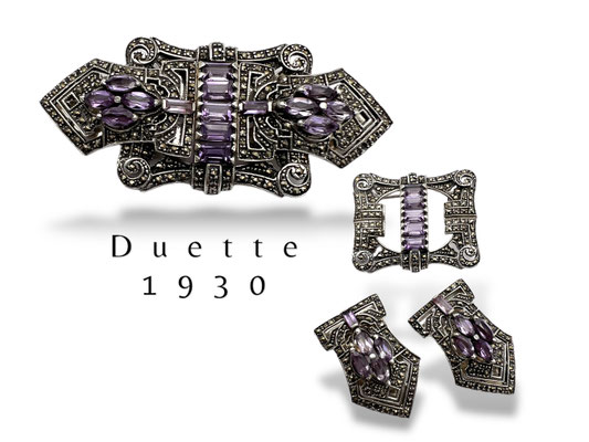 Glitzy Deco Marcasite and Real Amethyst Duette Brooch in silver sterling marked - collector's jewel - art.344/7
