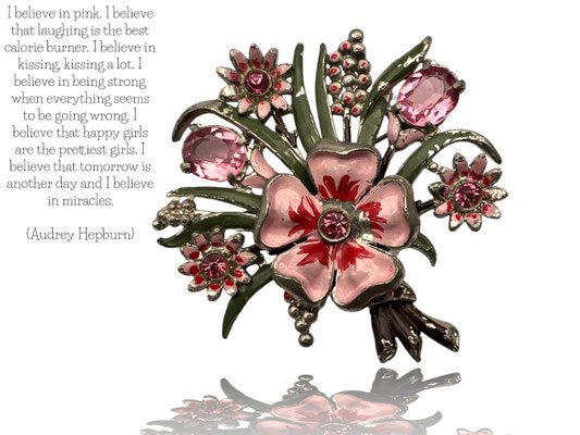Early 1940's spray floral corsage hand enameled silver tone metal w/ pink stones - Adorable pink bouquet brooch -- art.222/7