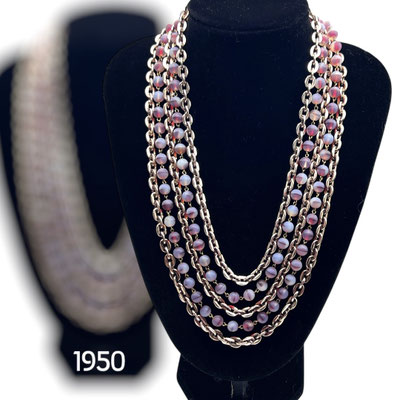 Vintage multi strand cascade necklace poured glass beads and golden chain w/vibrant jeweled clasp - Art.455/7