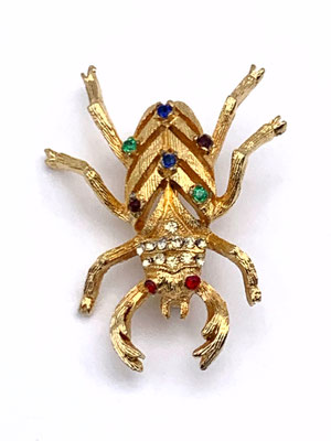 BSK rare jeweled Figural Beetle insect Brooch pin - multi colored stones on openwork body in Florentine gold finish - Art.727/4