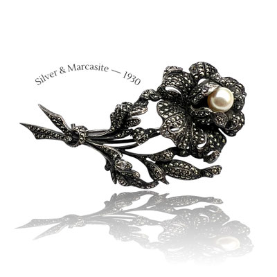 1930 Antique real Marcasite Pyrite and pearl 800 silver Brooch - exquisite Italian Rose Flower brooch - Art.566/7