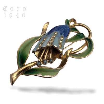 1940's Coro Enameled Figural Bell Flower, long Stamens Rhinestone pin - handmade enameled w/dazzling stones - collectable piece-art.391/6