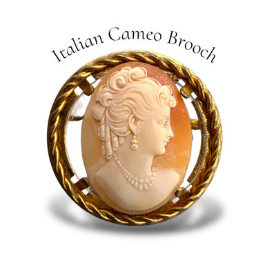A beautiful Italian cameo brooch, an oval shell carved with an elegant woman's profile, set in a classic gold-toned frame. -Art.531/7