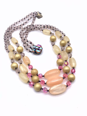 Three strands cascade necklace from 1940s old Europe-Mauve & pink facetted glass beads with a awesome AB rhinestones clasp-Art.407/3