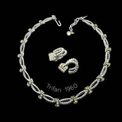 Trifari Vintage Silver-Tone Twisted Rope Link with clear rhinestones Necklace and Clip on Earring Set - art.691/7