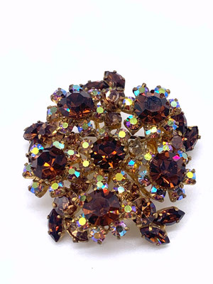 Mid-Century French amber & topaz crystals brooch - layered pin with blazing AB rhinestones set on goldtone setting -Art.277/5