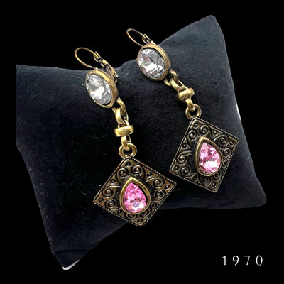 1970 Original dangle earrings - Liberty design with imitation diamond and Rose de France crystals -Lever Backs earrings --Art.168