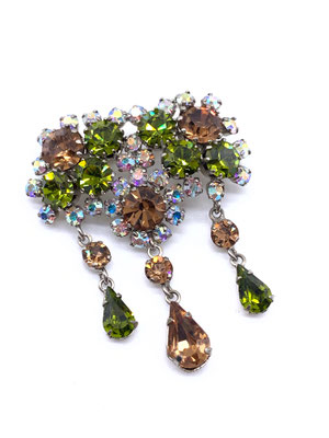 1950s Vintage High End Rhinestone Dangle AB chatons,green and amber stones  Brooch  -Art.198/4- 