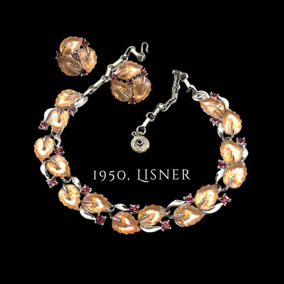 LISNER Necklace & Earring Set awesome luminous glow, glass molded leaves motif and Hot Pink Rhinestones - Art.520/6