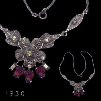 Authentic 1930 vintage rose flowers design filigree choker necklace whit red molded glass stones and clear rhinestones-art.345/6