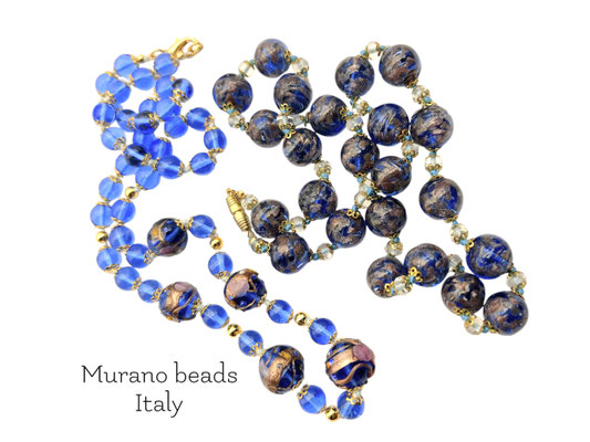 Stunning two old Venetian Fiorato and Sommerso beads necklaces-blue/gold beads with Avventurina & turquoise-pink floret--art.288/7