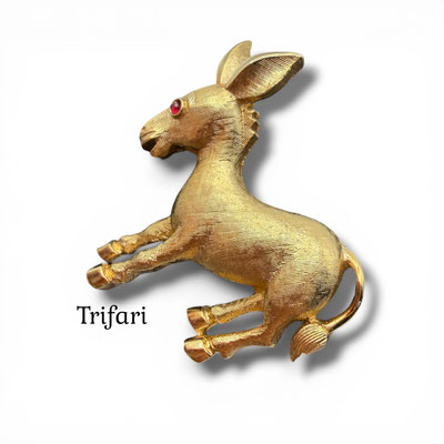 Trifari Crown Vintage Gold Tone Textured Red Eye Figural Donkey Pin, Signed - Art.662/7