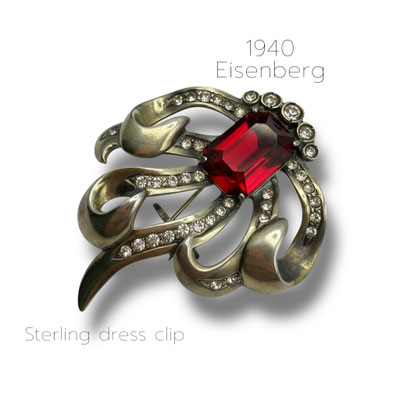 Early Eisenberg Sterling gold wash Ruby Red large stones and diamond Rhinestone accent exotic flower Brooch - Art.625/7