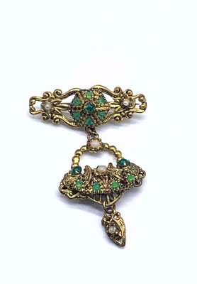 Old Europe Victorian style dangle brooch - little beauty green shades on Russian gold finish, tiny stones set on elaborate setting-art.506/6
