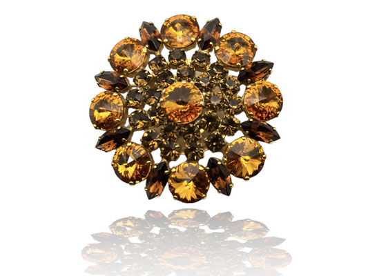 Fabulous Orange Reverse Cut Glass Rhinestone Brooch- large round structure adorned with vibrant colors - Art.24/7
