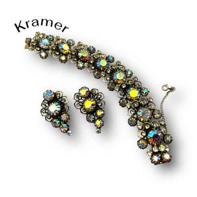 Vintage Kramer of New York Vintage Boreal Crystals Antiqued Gold Atomic Bracelet and Earrings set - art.478/7
