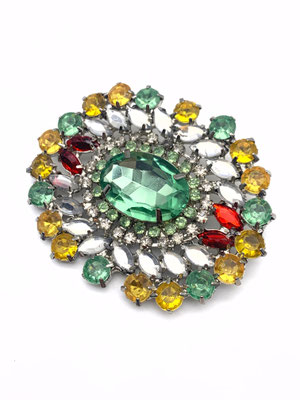 Explosion of light and color large oval Brooch 1960s-studded with stones in lemon yellow, light green, cherry red & clear - art.176/4
