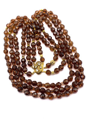 Alluring brown amber crystal faceted beads cascaded necklace - statement Beaded 3-Strand Necklace w/jeweled clasp - Art.708/5