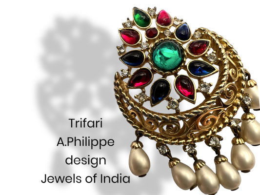 Trifari Jewels Of India collection -  Amazing ruby, emerald and sapphire colours w/dangling pearl Mughal  style Brooch - art.175/7-SOLD