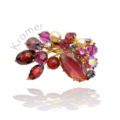 Rare Kramer Made in Austria 1950s/60s Art Glass & Silver Foiled Rhinestone Spray Brooch - Art.721/7