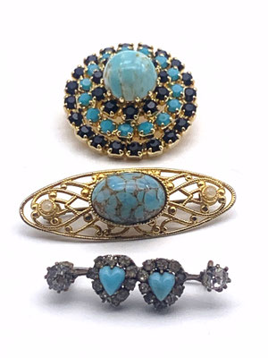 Small collection Antique Turquoise Brooches - Ancient European brooches with nice Art Glass stones - 3 pieces --art.638/5