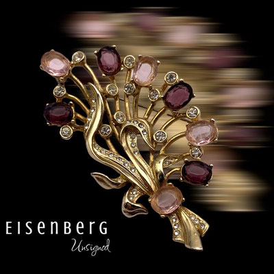 1940s unsigned Eisenberg High End Flower Floral Bouquet Brooch delicate violette and pink color  in bright  gold finish- art.318/6