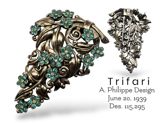 1939s rare Crown Trifari Rhinestone floral Dress/Fur Clips Pin Alfred Philippe Signed and pat.pend. marking - original case - Art.06/7