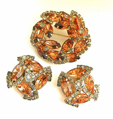 Rare Vintage Signed Weiss Stunning Brooch/Pin & Earrings Swirls Set Topaz, Smokey Rhinestones Gold Tone - Art.704/4