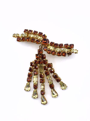 1950s Vintage High End Rhinestone tassel Dangle jonquil & topaz stones Brooch - Dangling lovely colors glow brooch - art.526/4 