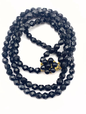 50s VINTAGE Two Strands Black Glass Faceted Bead Necklace - nice wired black flower clasp -- Art.199/6