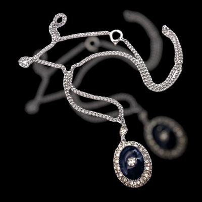 1940s delicate nostalgic Art Nouveau pendant black cabochon and rhinestone necklace -Gorgeous and chic - art.31