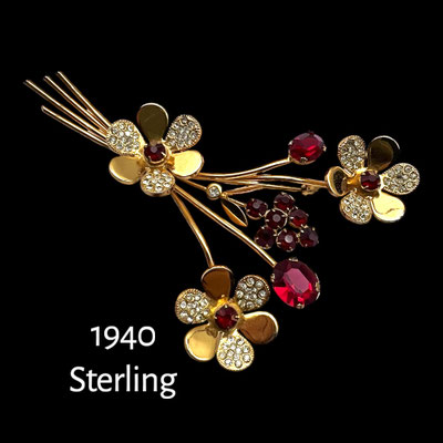 Retro Sterling  gold plated vivid Red spray floral bouquet Rhinestone Brooch-30s/40s Sweeping Beauty w/unfoiled stones & diamantè- Art.464/7