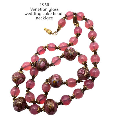 Vtg Venetian 1strands Antique Rose color & gold Aventurine Fiorato Wedding Cake Bead Estate Necklace-antique Italian treasure-art.594/7