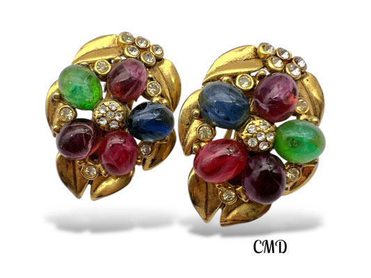 Designer CMD inspired by the Mughal style Earrings, Clip Backs - Gripoix cabochons high-end Costume Jewelry-art.338/7-sold out
