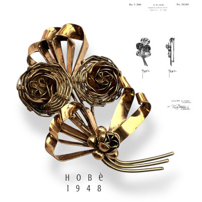 1948s Rare Vintage HOBE Sterling & 1/20 14K Gold Brooch elaborate Woven Background flower, Bows and Ribbons -Art.469/7