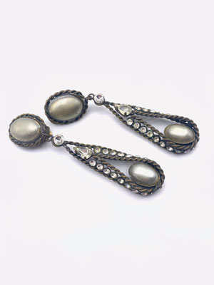 1950s Appealing dark golden ribbon Dangling Earrings - silver gray pearls and ribbon crystals Italian fashion - Art.728/3-SOLD OUT