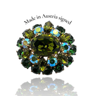 Austria signed Beautiful Mid-Century nice green nuances stones & AB Crystal oval domed Brooch -Art.501/7