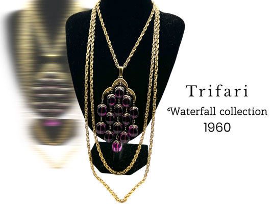 Crown Trifari Book Piece purple Lucite Waterfall Necklace w/ Original Triple Chain- highly collectible book piece - Art.763/6