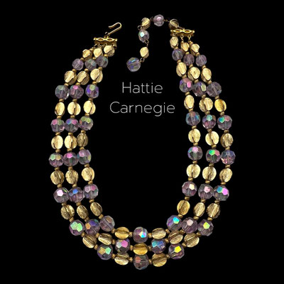 Glamour Glowing Hattie Carnegie 3 strand Necklace Aurora Borealis crystal beads and textured gold beads - Superior Sparks-Art.462/7