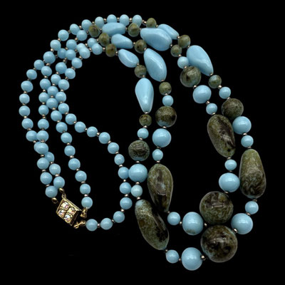 Gorgeous 2strands cascade glass turquoise and Artistic Venetian beads necklace w/jeweled clasp -beautiful color and design -art.459/7