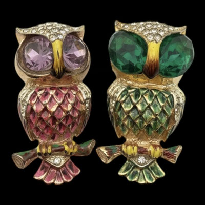 Corocraft Emerald/Amethyst and Pave Enamel 'Hoots' Owl Bird Pin Clip - art.640/7-SOLD