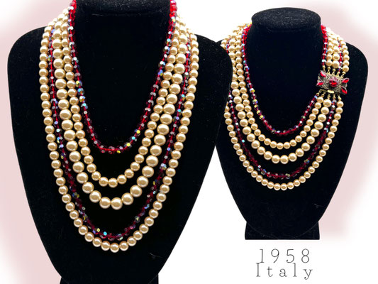 Imposing five-strands cascade white lustrous pearls & AB red glass beads necklace - large jeweled clasp - Art.866/6