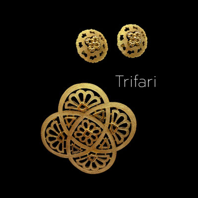 Crown Trifari set Flower Celtic Knot Cutwork Brooch and clip-on earrings - Art.628/7 -