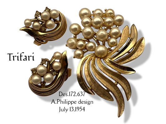 Patented Trifari Gold-tone and Faux Pearl w/tiny crystal Flower & Leaf Brooch and earrings set -gorgeous collector's set -art331/7