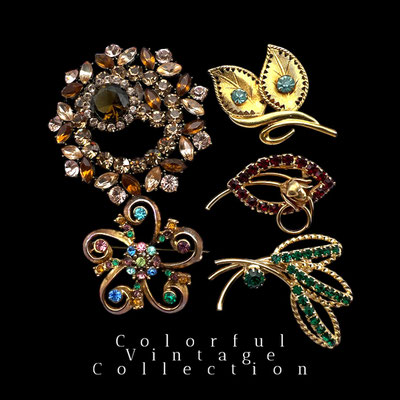 Charming set of five vintage brooches with beautiful colors and lively sparkle, five floral-inspired designs from the 1950s/60s. -Art.307/2-