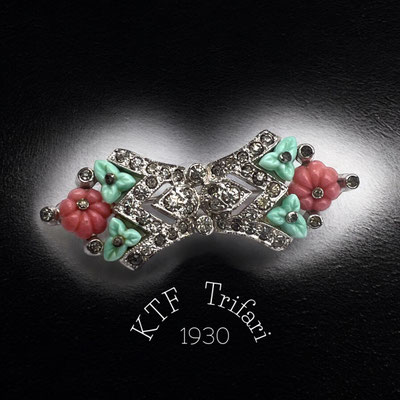 KTF Trifari Alfred Philippe 1930s Signed with molded glass flowers and clear pave - rare Trifari KTF book piece -- Art.215/7